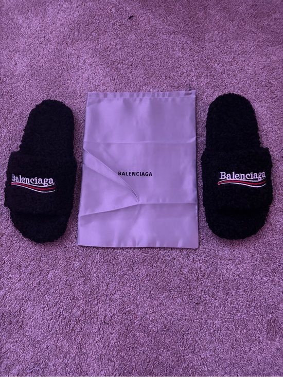 Balenciaga Black Shearling Logo Slide Sandals with Red & White Stitching